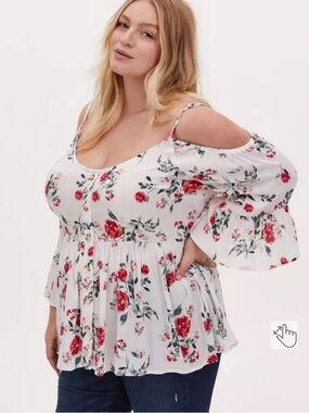 Torrid Rayon Crepe Cold Shoulder Bell Sleeve Blouse Ivory Floral 3X Plus Size